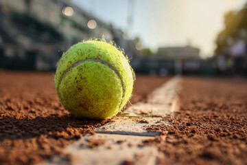 Photorealistic tennis ball on clay court line, cinematic composition, symbol of precision, accuracy, sports drama, intense competition, professional game moments, lifestyle and athletic dedication.