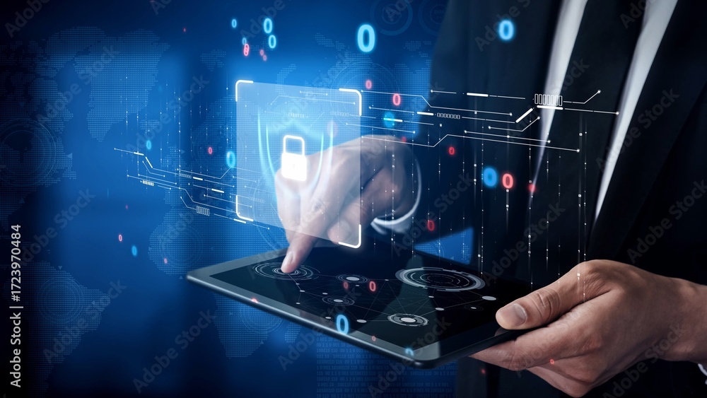 Poster cyber security protection and cyber security strategies against cyber threats, system hacks, digital