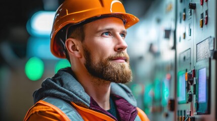 An engineer with a beard carefully examines the control panels with a focused expression and attentive gaze.