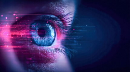 Futuristic view of an eye with digital data streams and a cybernetic vision of the future.