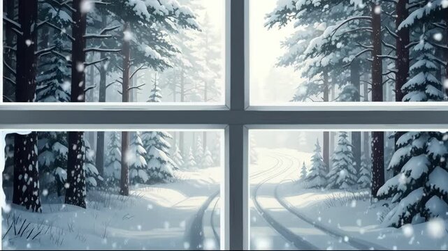 Snowy forest scene viewed through a window with falling snow, depicting a serene winter landscape with trees and a path