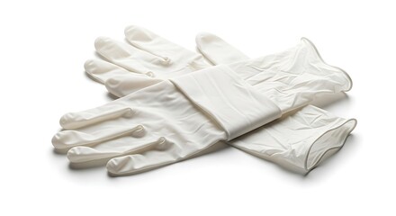 A pair of white disposable latex examination gloves are crossed over each other on a white background.