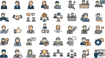 Comprehensive Collection of Modern Business and Professional People Icons Depicting Teamwork, Leadership, Communication, and Corporate Roles in Flat Design