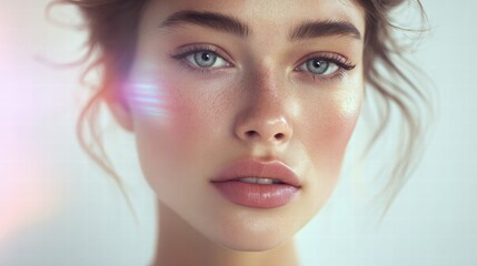 A close-up portrait of a woman with flawless skin and stunning blue eyes.
