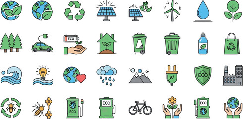Vibrant vector icons for environmental protection, green energy, and sustainable living, ideal for educational content and eco-conscious designs