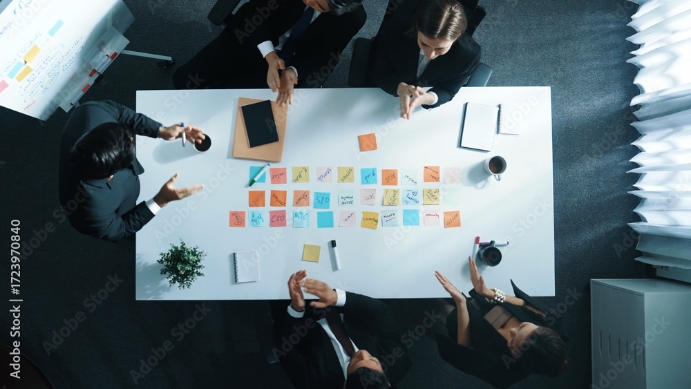 Poster top down ariel view of professional project manager present idea while putting together and clapping