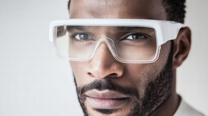 A stylish black man wearing futuristic glasses stares directly at the viewer.