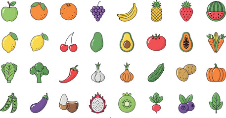 A diverse gathering of colorful fruit and vegetable line icons, representing the togetherness of a healthy and balanced diet