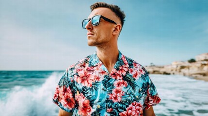 Man in a floral shirt enjoys a sunny day at the beach, embodying summer vibes with style.