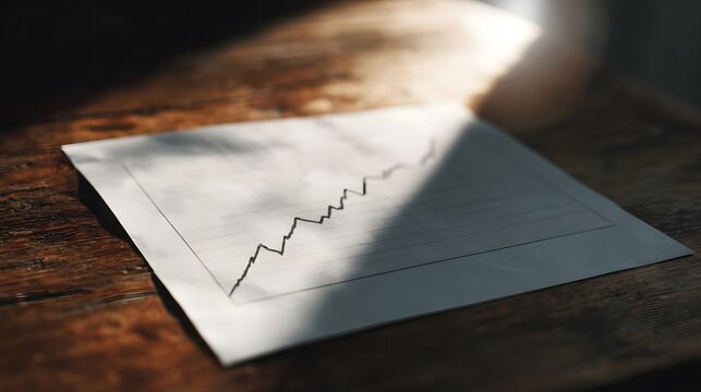 A line graph displaying positive growth is placed on a wooden table illuminated by natural light