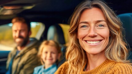 Family is enjoying a road trip while sitting in the car and smiling.