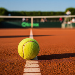 Dramatic clay court moment with tennis ball on the line, high detail, sportsmanship, precision, professional competition, symbolizing victory, challenge, and the fine margins in sport.