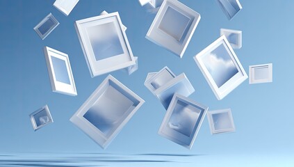 Abstract frames in mid-air.  Floating white frames on a light blue background