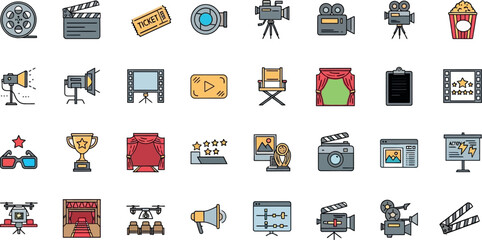 Vibrant icon collection capturing the essence of film production, cinema, and entertainment, representing creative milestones and the pursuit of success