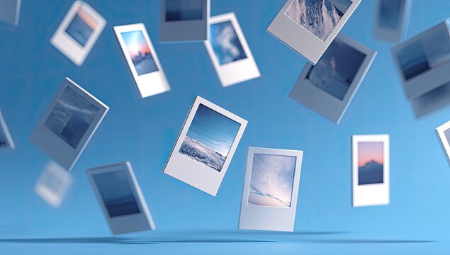 Floating instant photo prints on a light blue background