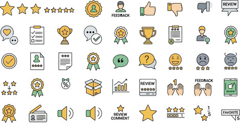 Set of review and rating icons representing customer feedback, satisfaction, and evaluation