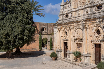 Obraz premium Historic Arkadi Monastery in Crete, Greece. A UNESCO-recognized heritage site and symbol of Cretan history, culture, and architecture. 