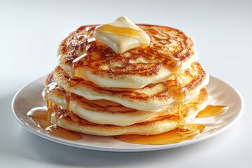 Stack of pancakes topped with butter and syrup