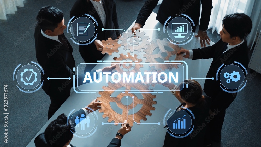 Aufkleber business professionals collaborate on an automation strategy, utilizing gears and visual data to enh