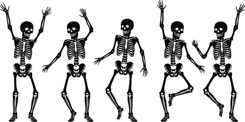 Dancing skeletons vector, Halloween skeleton clipart, spooky bones illustration, skeleton party pose, black silhouette skeletons, festive skeleton art, bone dance graphic