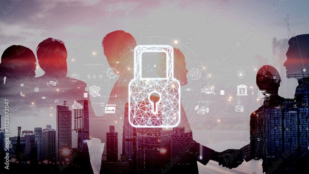 Poster cybersecurity protection system showing password encryption, fingerprint id, cloud security, email, 