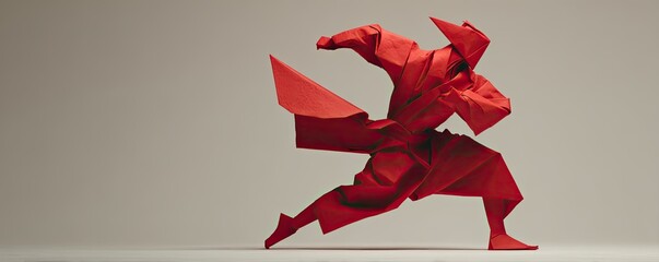 Dynamic origami figure, vibrant red, in a running pose