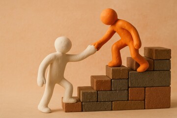 Clay figures helping each other climb brick stairs symbolizing support