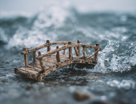 Miniature wooden bridge in turbulent waves