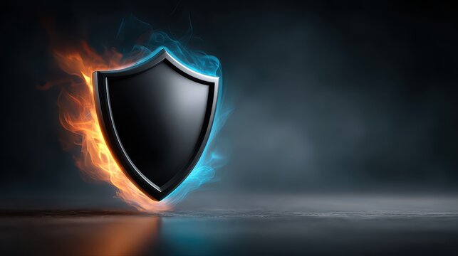 Shield with Flames and Blue Light on Dark Background for Protection