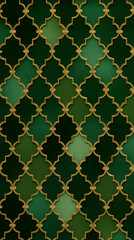Fototapeta premium A luxurious pattern featuring an elegant Moroccan-inspired lattice design in gold over a deep emerald green backdrop. Perfect for digital wallpaper, textiles, invitations or decorative prints