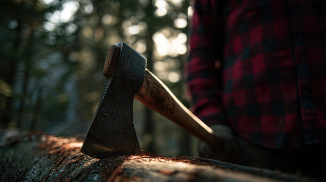Axe placed on a log in a forest setting with sunlight filtering through trees, highlighting the texture of the wood and the rugged atmosphere of nature's calm.