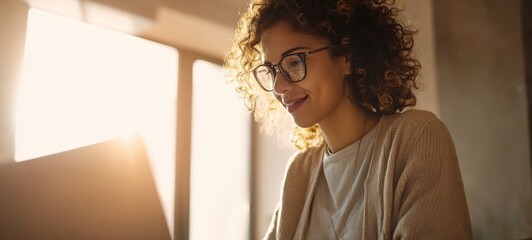The woman working on laptop in sunlit modern home office with warm smile