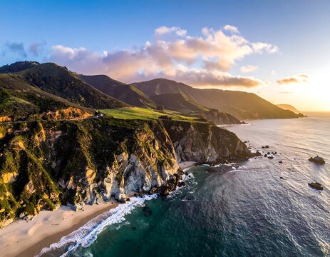 Coastal mountain range at sunset - Powered by Adobe