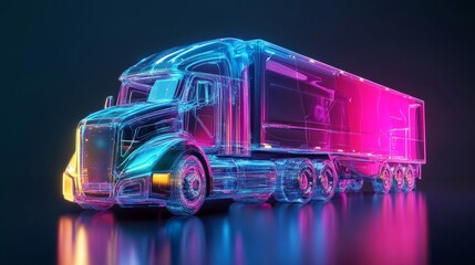 Futuristic 3D illustration of a glowing semi-truck with vibrant neon colors, showcasing advanced design and technology in a sleek, modern style, emphasizing innovation and transport