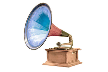 Vintage horn speaker on a wooden stand, large rounded cone, blue interior, simple wooden stand with handles, nondescript background, even lighting, utilitarian style