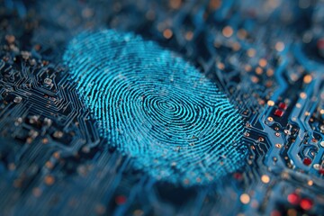 A bright blue fingerprint overlaid on a complex circuit board