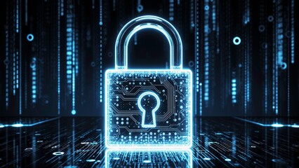 high tech visualization of cybersecurity threats a transparent padlock glowing with neon blue lights 3d render