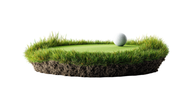 Floating golf green with ball on transparent background