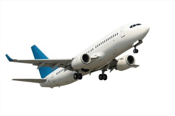 Commercial airplane ascending against a white background