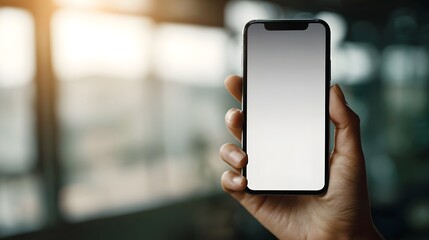 A hand holds a modern smartphone with a blank white screen set against a softly blurred indoor background with natural light