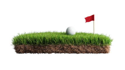 Golf ball and flag on grass, isolated