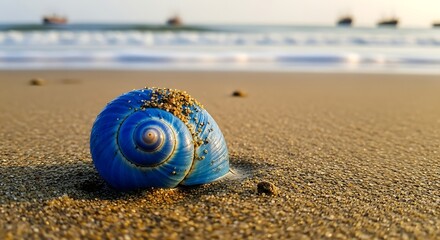 A close-up of a vibrant blue seashell nestled on the sandy shoreline