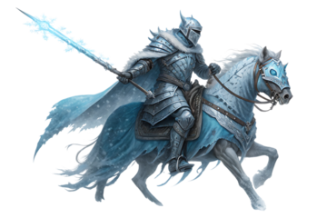 Icy Knight on a White Horse with Snowflake Spear armor cutout PNG isolated on a transparent background