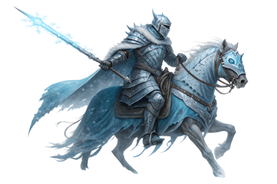 Icy Knight on a White Horse with Snowflake Spear armor cutout PNG isolated on a transparent background