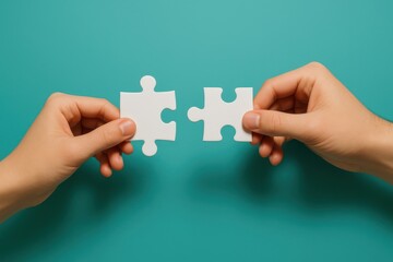 Two hands connecting puzzle pieces on teal background