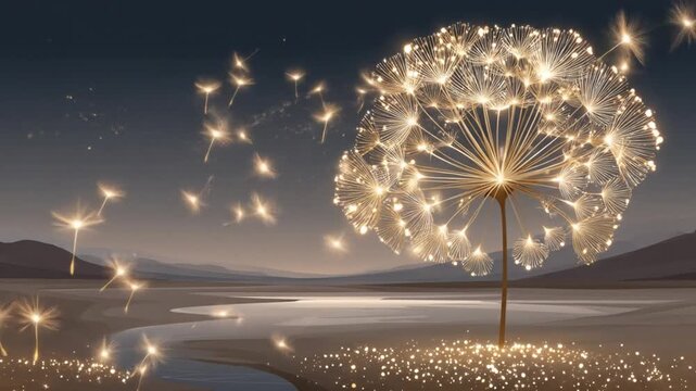 Glowing dandelion in desert landscape