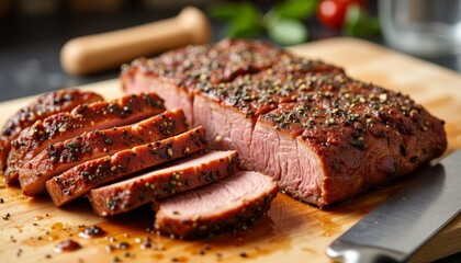 Sliced roast beef with herbs on wooden cutting board  