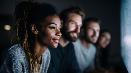 A diverse team collaborates and focuses on a glowing digital screen in a dimly lit modern environment
