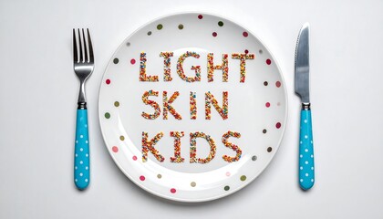 Colorful sprinkles arranged on a plate spell out "Light Skin Kids