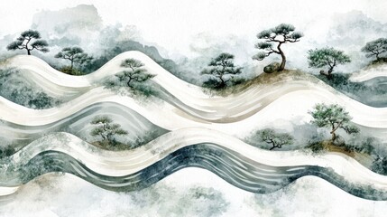 Serene Watercolor Landscape: Winding Hills, Pine Trees, and Misty Mountains in Asian Art Style